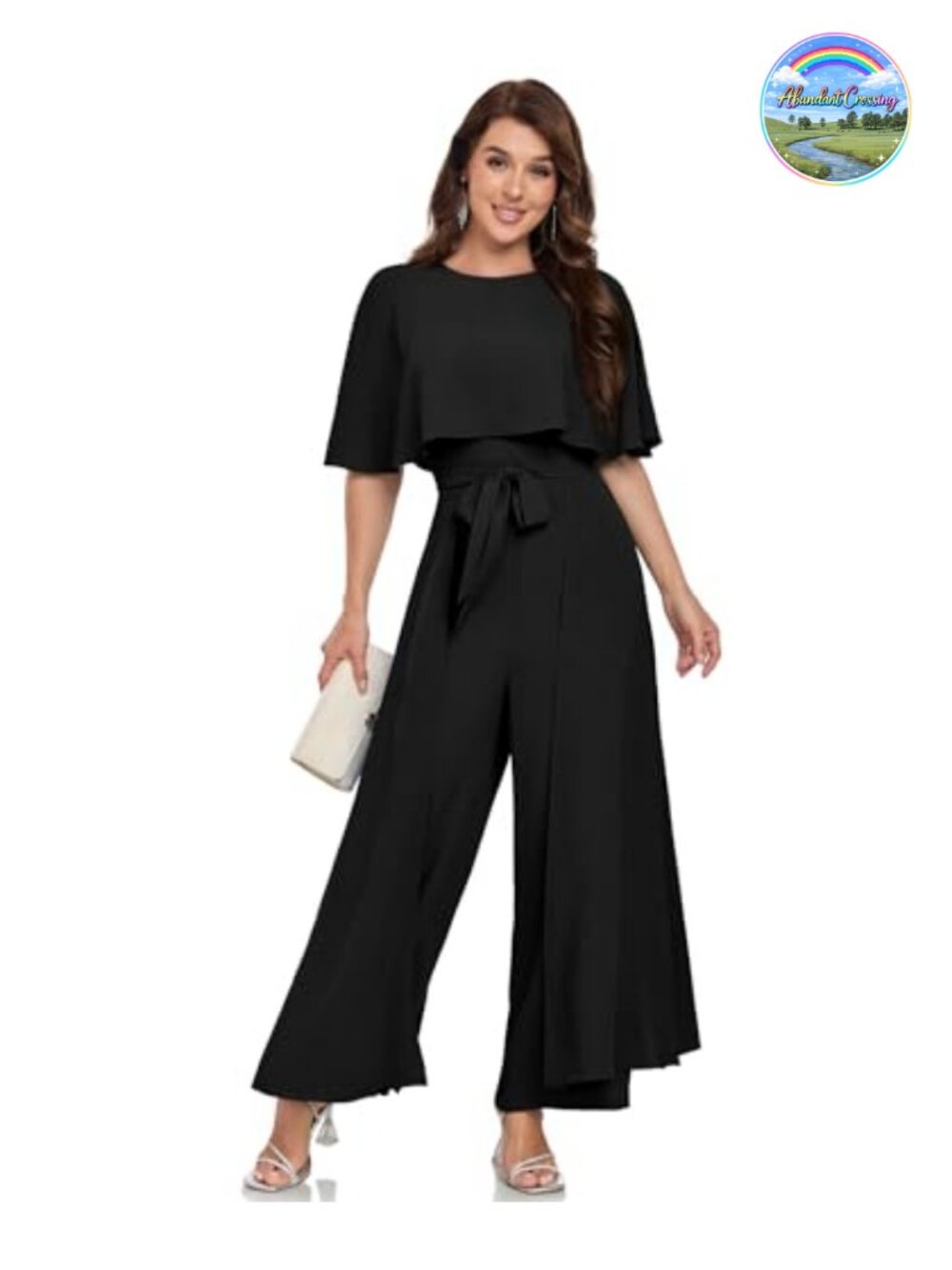 Women's Dressy Wide Leg Jumpsuit Cape Sleeve Belted Evening Party